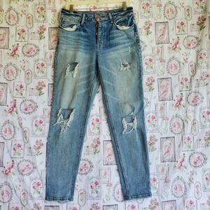 Edgely Maurices Blue Denim High Rise Mom Jeans Straight Distressed Stretch Sz 10